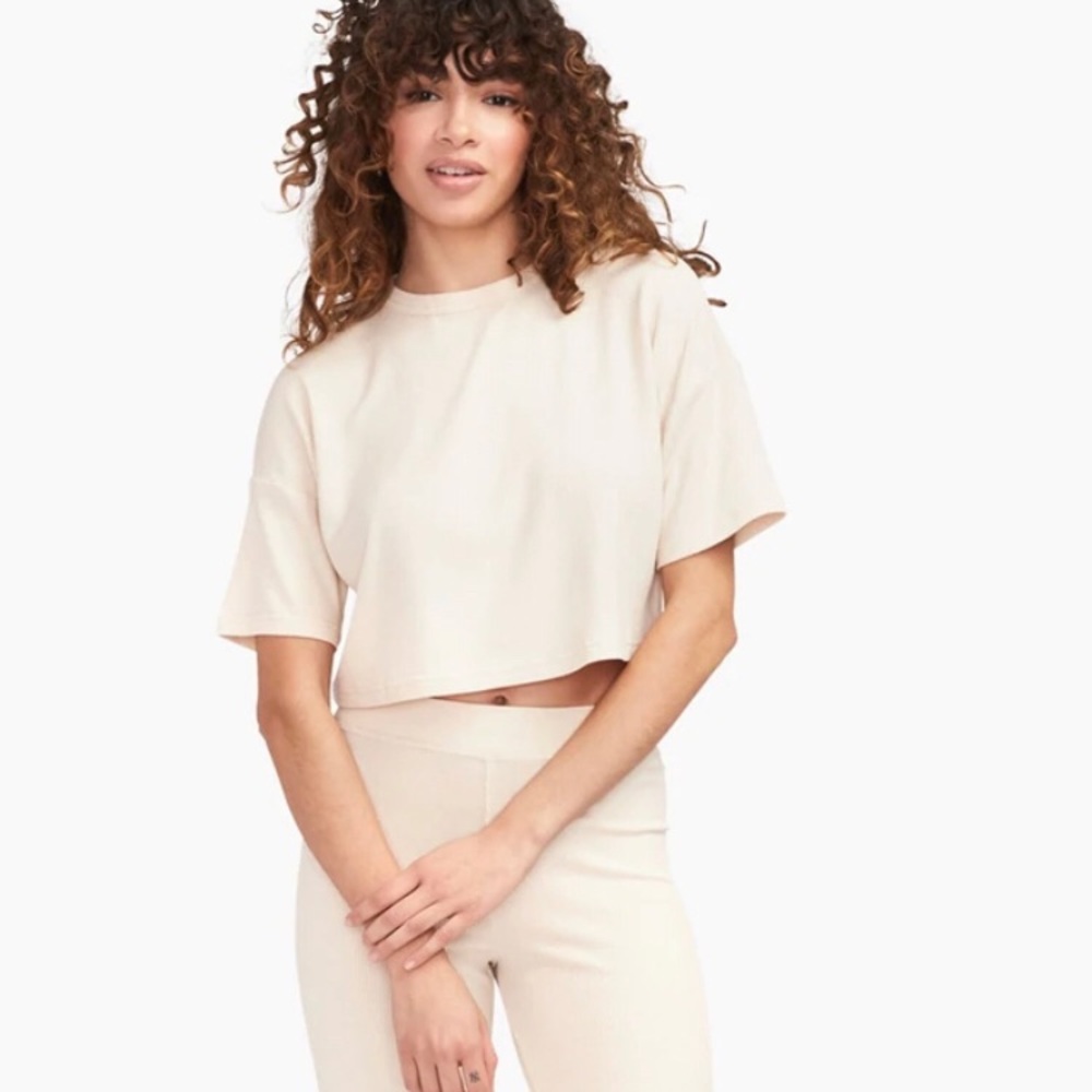 NWT Naadam Cream Ribbed Lightweight Cropped Tee, size Small